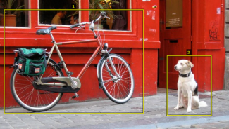 Bicycle and dog in front of a shop