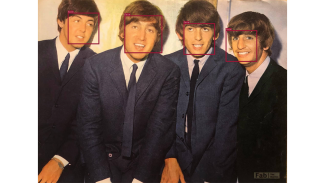 Photography of The Beatles showing bounding boxes around detected faces